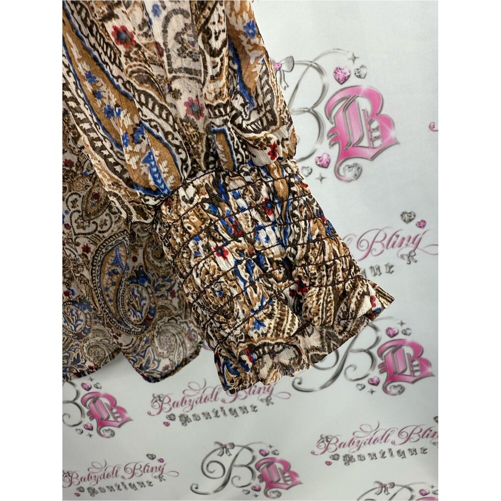 Zara blouse long sleeves tassels Beige Paisley Blouse with Blue & Brown Accents - Picture 6 of 12
